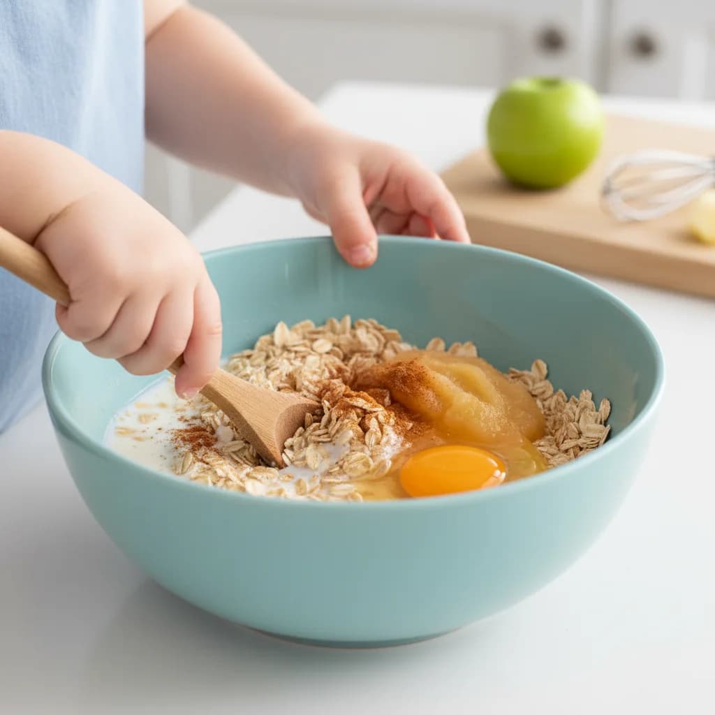 Step 3: In a medium bowl, combine the quick oats, milk, applesauce (or grated apple), egg, cinnamon, and mel for Apple Oatmeal Fingers for Tiny Hands