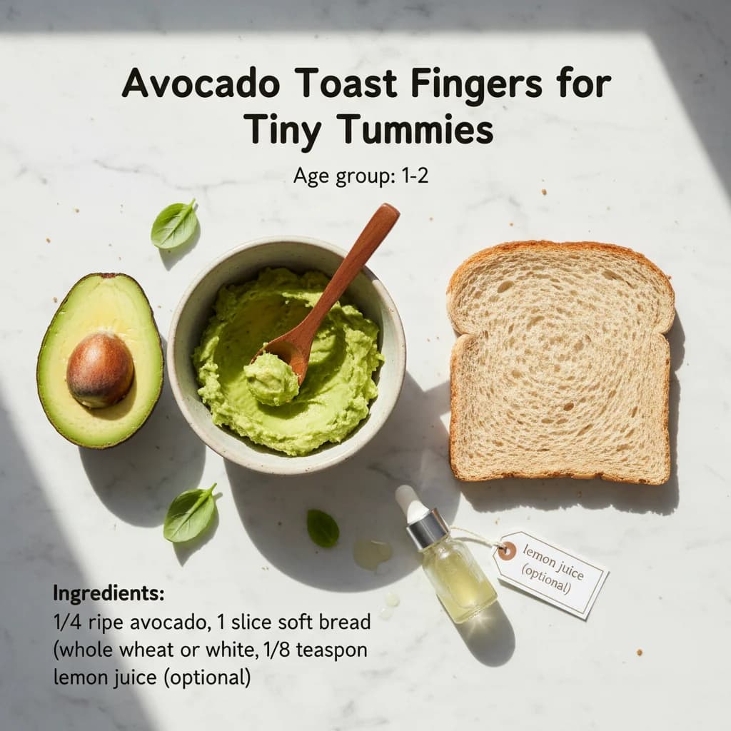 All ingredients needed for Avocado Toast Fingers for Tiny Tummies arranged on a clean surface