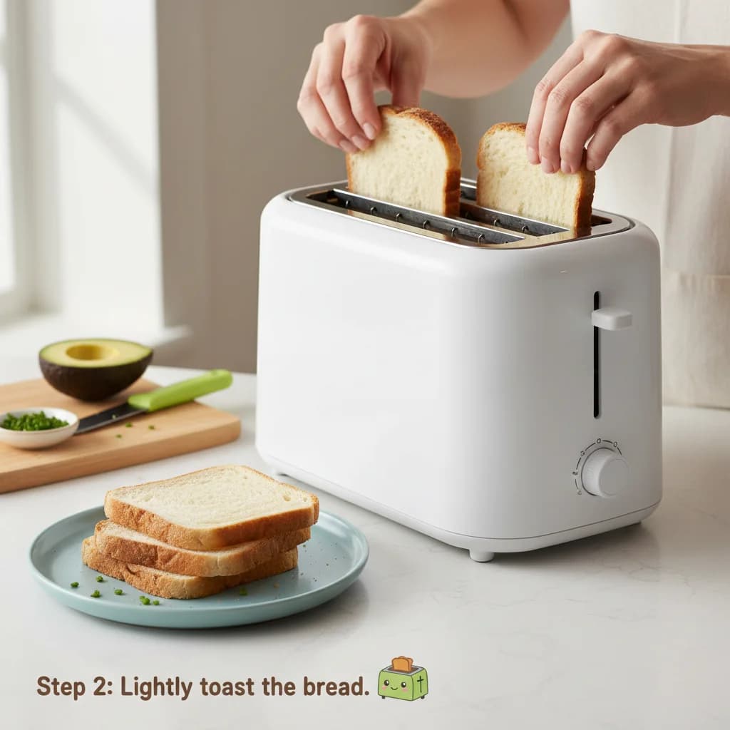 Step 2: Lightly toast the bread: Set your toaster to a light setting and toast the bread until it's just sli for Avocado Toast Fingers for Tiny Tummies