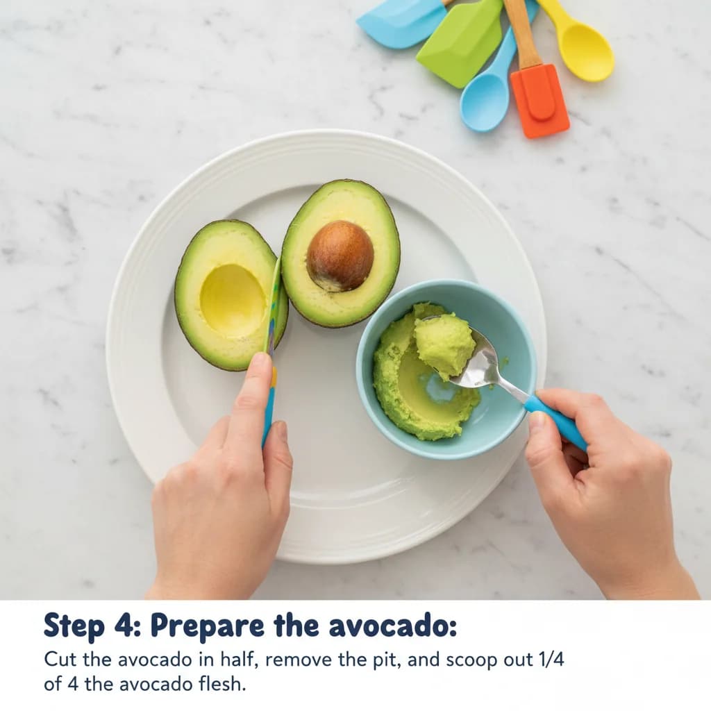 Step 4: Prepare the avocado: Cut the avocado in half, remove the pit, and scoop out 1/4 of the avocado flesh for Avocado Toast Fingers for Tiny Tummies