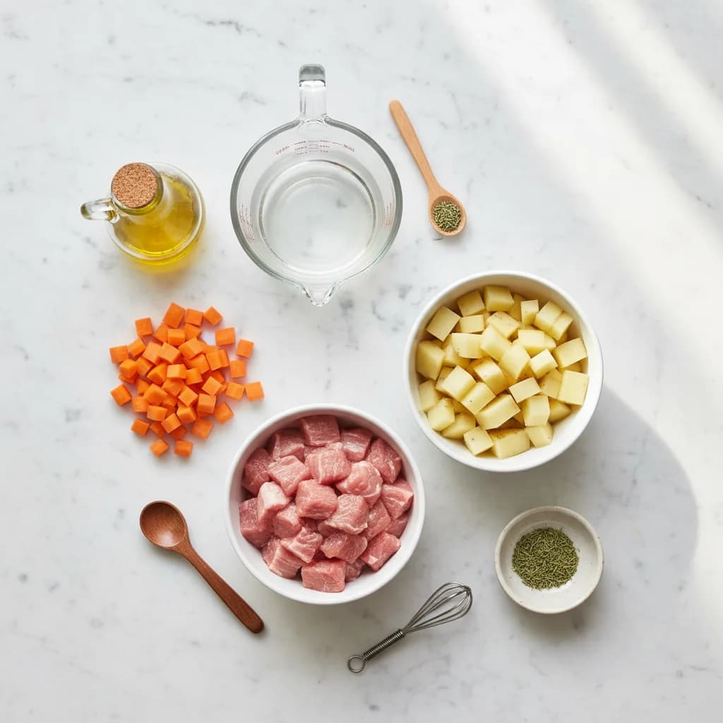 All ingredients needed for Lamby Potato Stew arranged on a clean surface