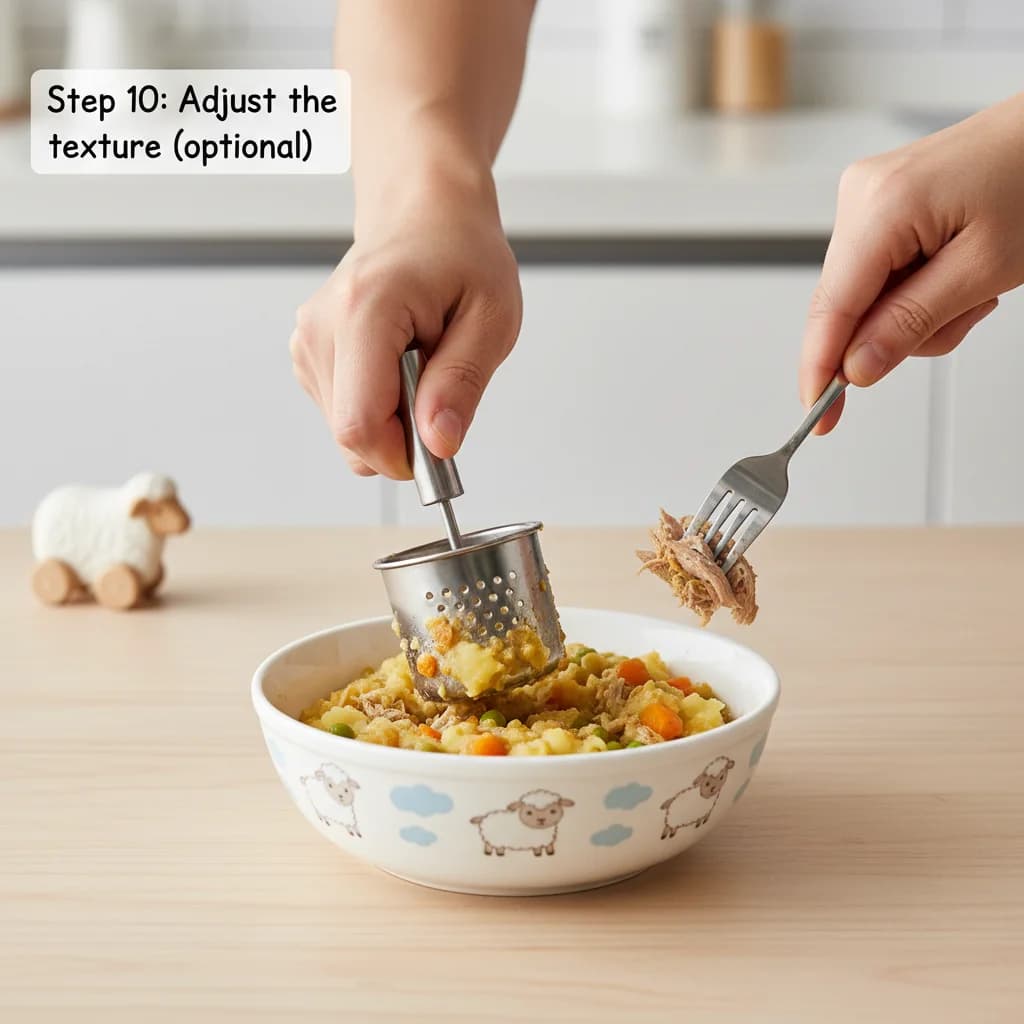 Step 10: Adjust the texture (optional): For younger babies or those who prefer smoother textures, lightly mas for Lamby Potato Stew