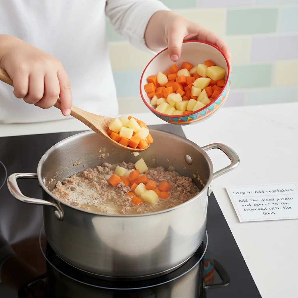 Step 4: Add vegetables: Add the diced potato and carrot to the saucepan with the lamb. for Lamby Potato Stew