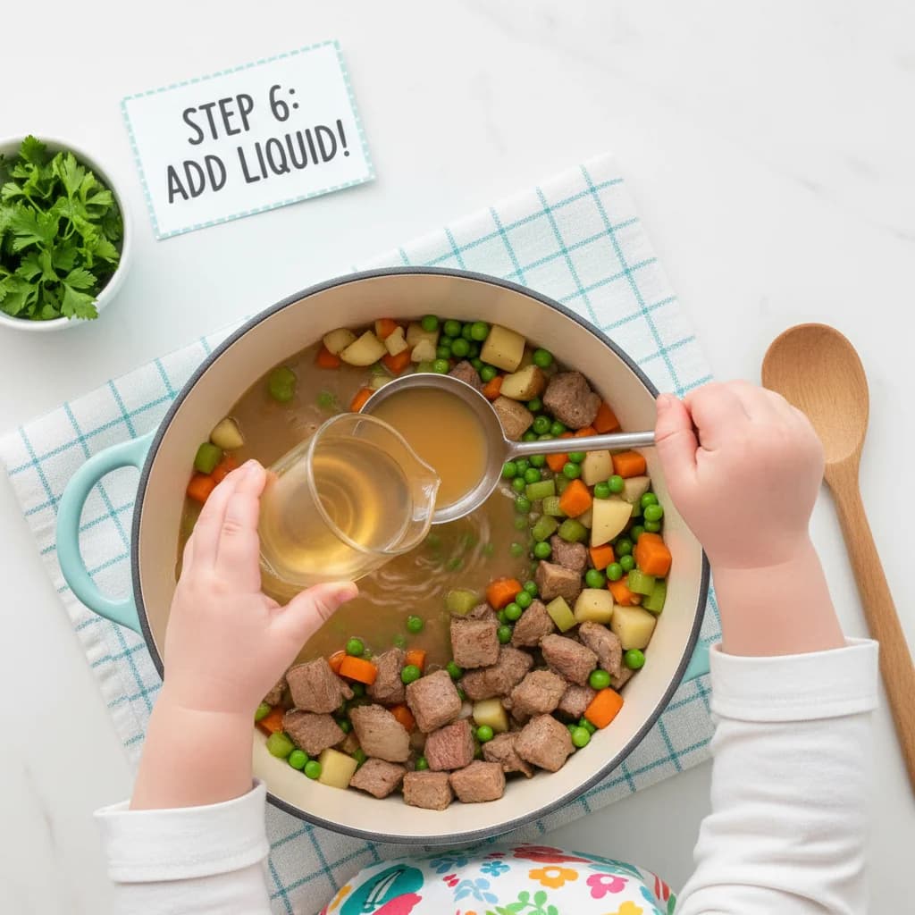 Step 6: Add liquid: Pour in the water or unsalted vegetable broth. Ensure the liquid covers the lamb and veg for Lamby Potato Stew