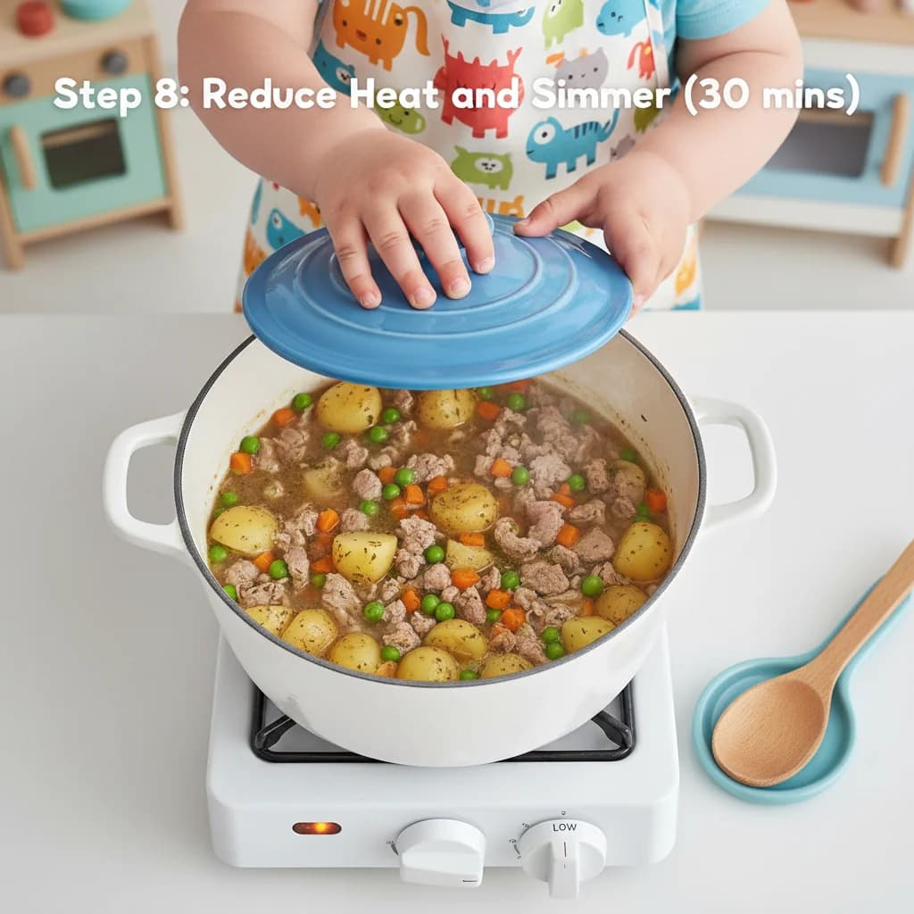 Step 8: Reduce heat and simmer: Reduce the heat to low, cover the saucepan with a lid, and simmer for 30 min for Lamby Potato Stew