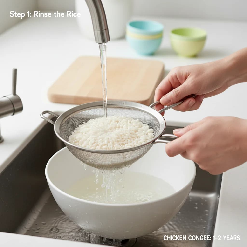 Step 1: **Step 1: Rinse the Rice:** Place the rice in a fine-mesh sieve and rinse under cool running water u for Chicken Congee: Cozy Rice Porridge for Little Tummies