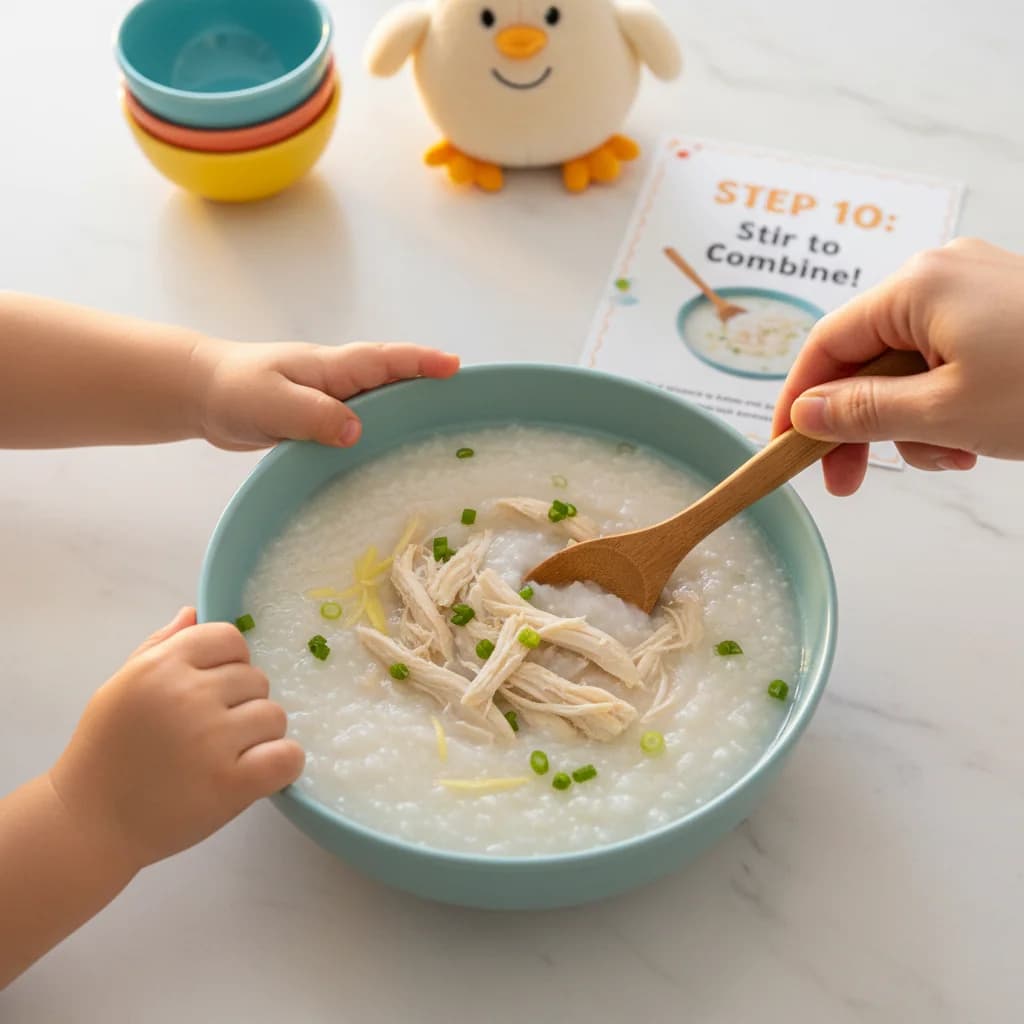 Step 10: **Step 10: Stir to Combine:** Stir the chicken into the congee until it is evenly distributed. for Chicken Congee: Cozy Rice Porridge for Little Tummies