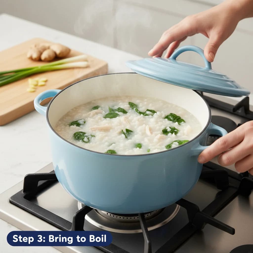 Step 3: **Step 3: Bring to a Boil:** Place the pot over medium-high heat and bring the mixture to a boil. Wa for Chicken Congee: Cozy Rice Porridge for Little Tummies