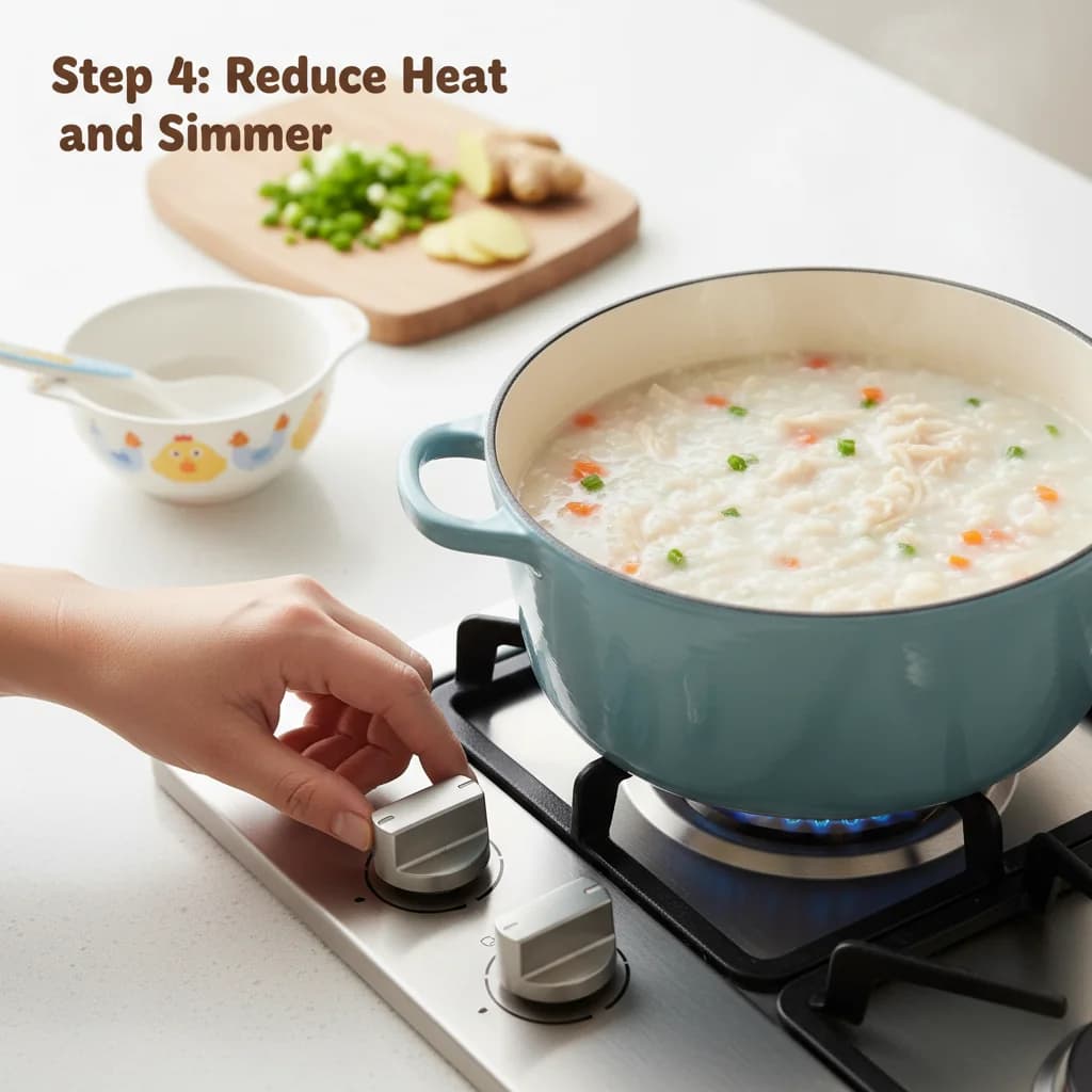 Step 4: **Step 4: Reduce Heat and Simmer:** Once boiling, reduce the heat to low to maintain a gentle simmer for Chicken Congee: Cozy Rice Porridge for Little Tummies