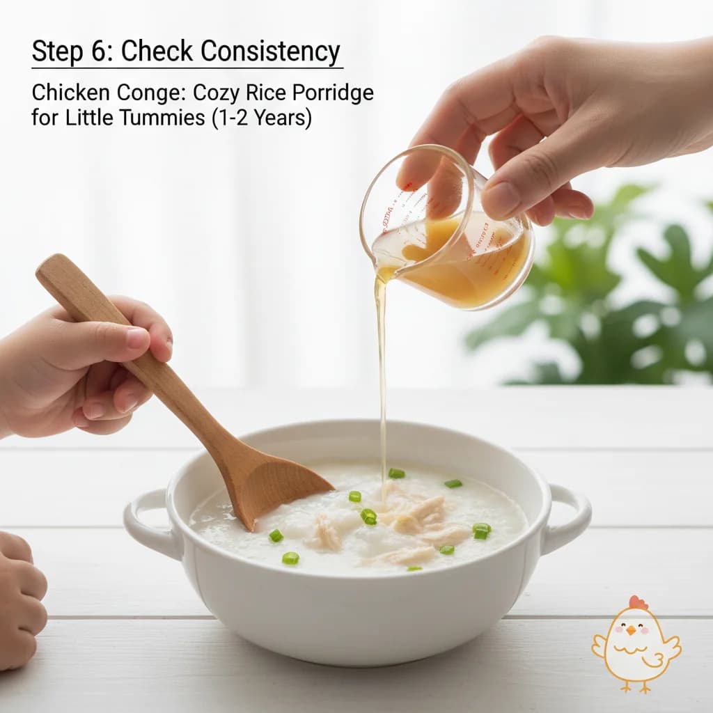 Step 6: **Step 6: Check Consistency:** The congee should have a thick, soupy consistency similar to yogurt o for Chicken Congee: Cozy Rice Porridge for Little Tummies