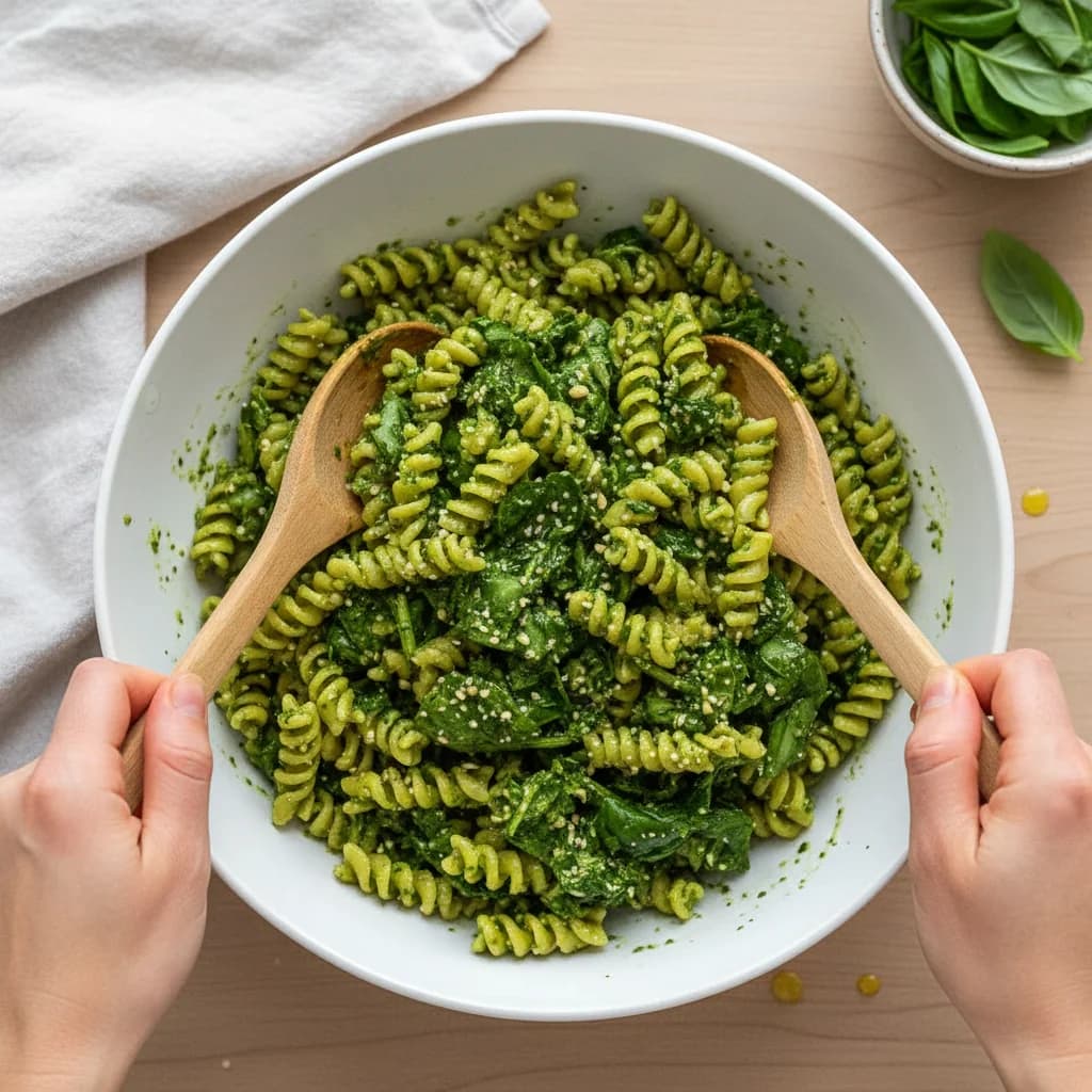 Step 10: Gently toss the pasta and pesto together until the pasta is evenly coated in the green sauce. for Baby's First Pesto Pasta (Spinach & Basil)