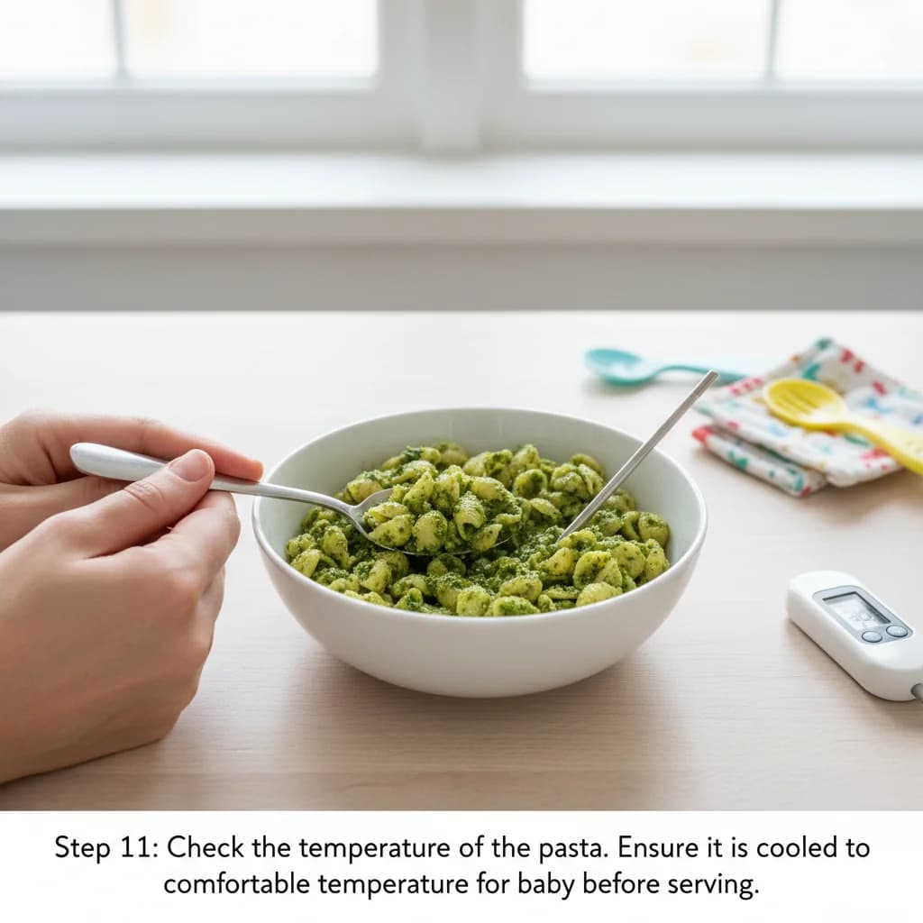 Step 11: Check the temperature of the pasta. Ensure it is cooled to a comfortable temperature for baby before for Baby's First Pesto Pasta (Spinach & Basil)