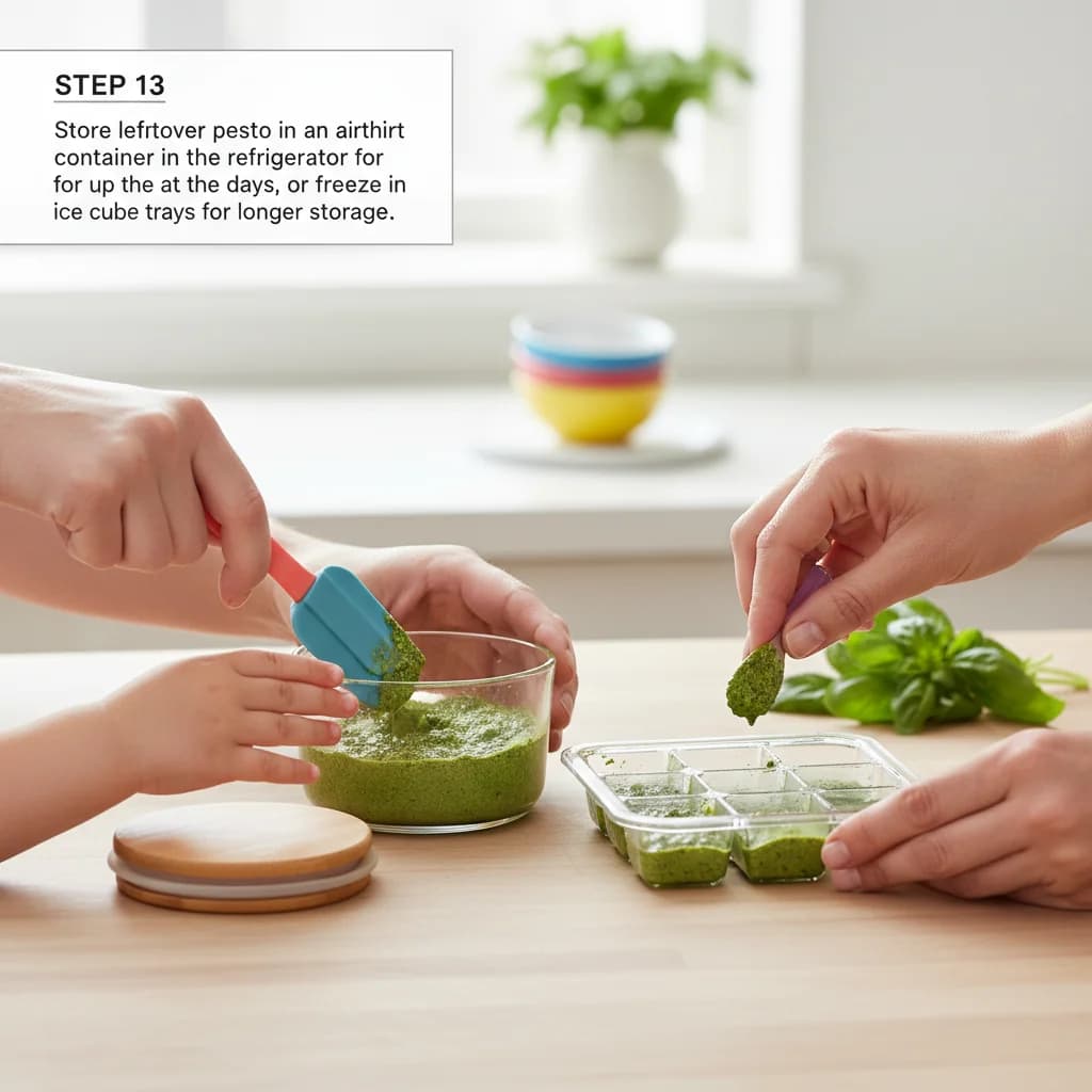 Step 13: Store leftover pesto in an airtight container in the refrigerator for up to 2 days, or freeze in ice for Baby's First Pesto Pasta (Spinach & Basil)