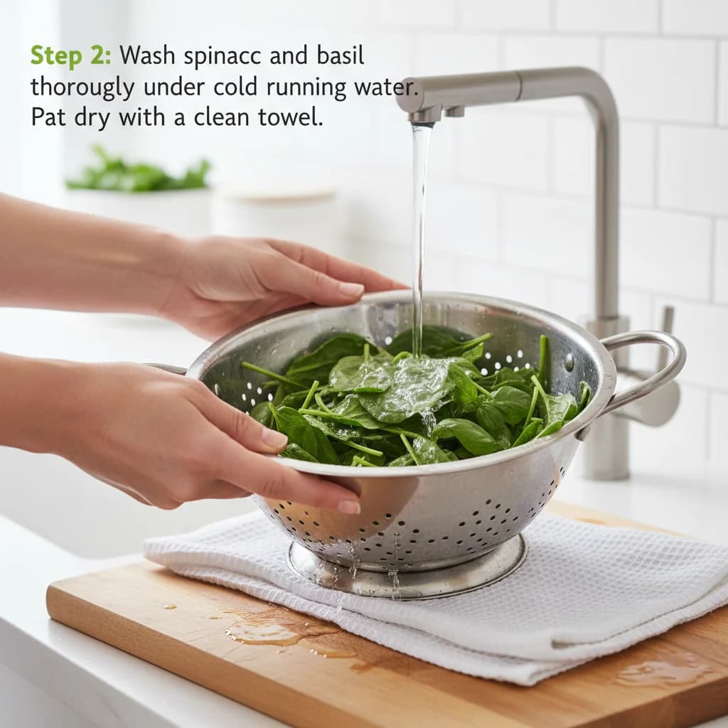 Step 2: Wash spinach and basil leaves thoroughly under cold running water. Pat dry with a clean towel. for Baby's First Pesto Pasta (Spinach & Basil)