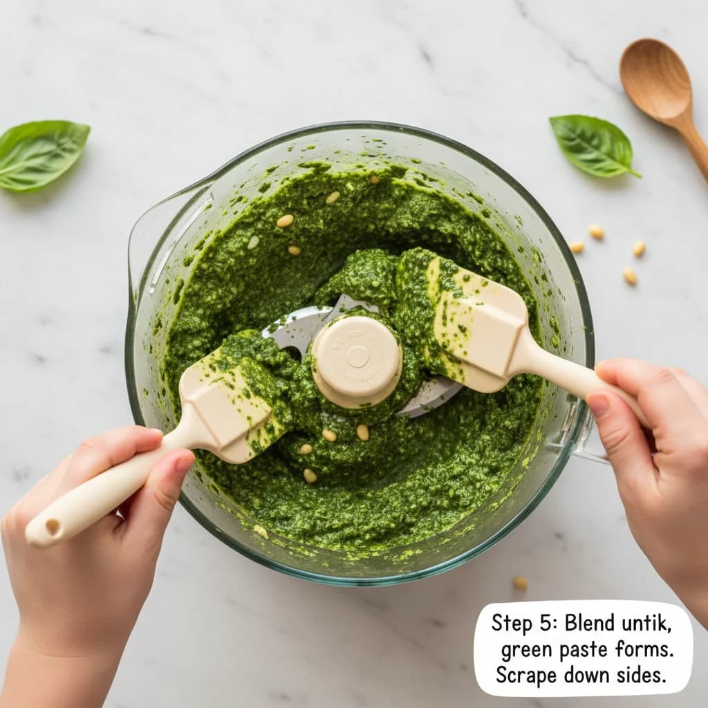 Step 5: Blend the ingredients until they form a thick, green paste. Stop occasionally to scrape down the sid for Baby's First Pesto Pasta (Spinach & Basil)