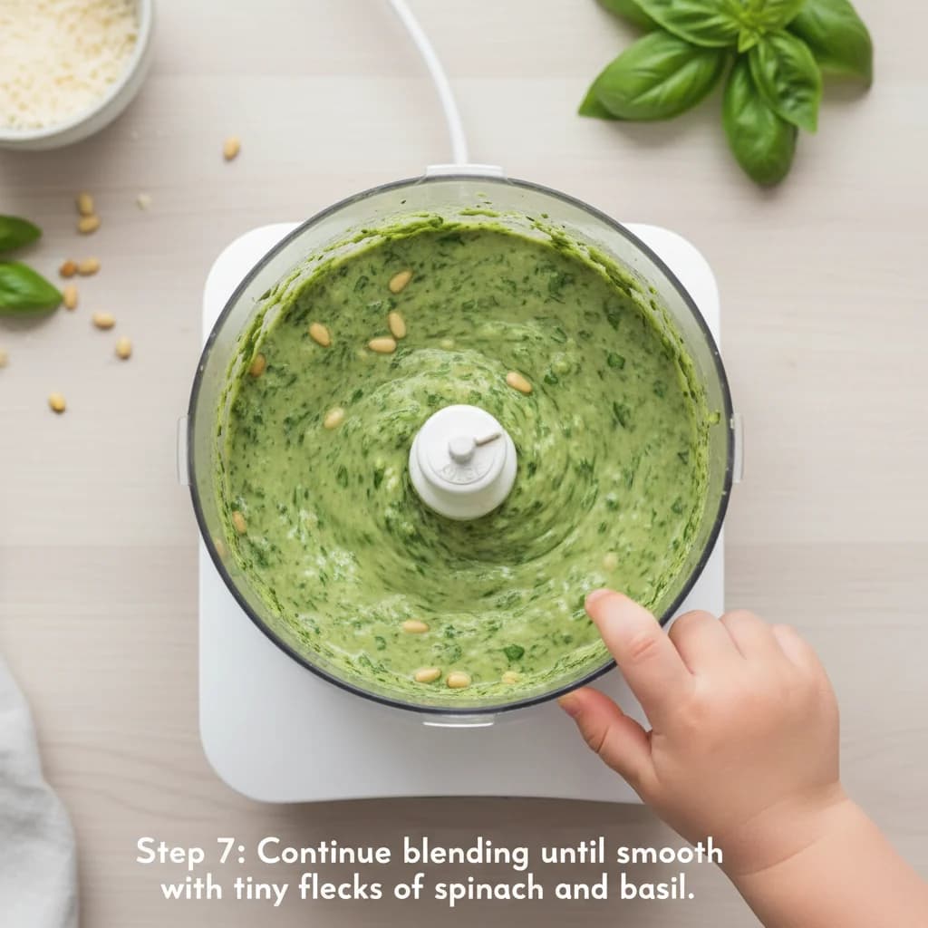 Step 7: Continue blending until the pesto reaches a smooth consistency. It is okay if there are still some t for Baby's First Pesto Pasta (Spinach & Basil)