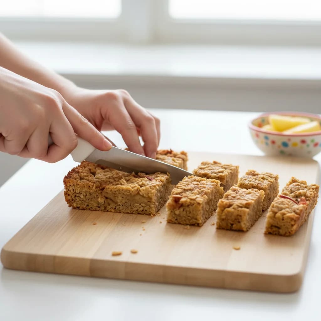 Step 10: Once cooled, cut the baked oatmeal into strips or bars, sized appropriately for your baby's hand. Ai for Apple Oatmeal Finger Snacks