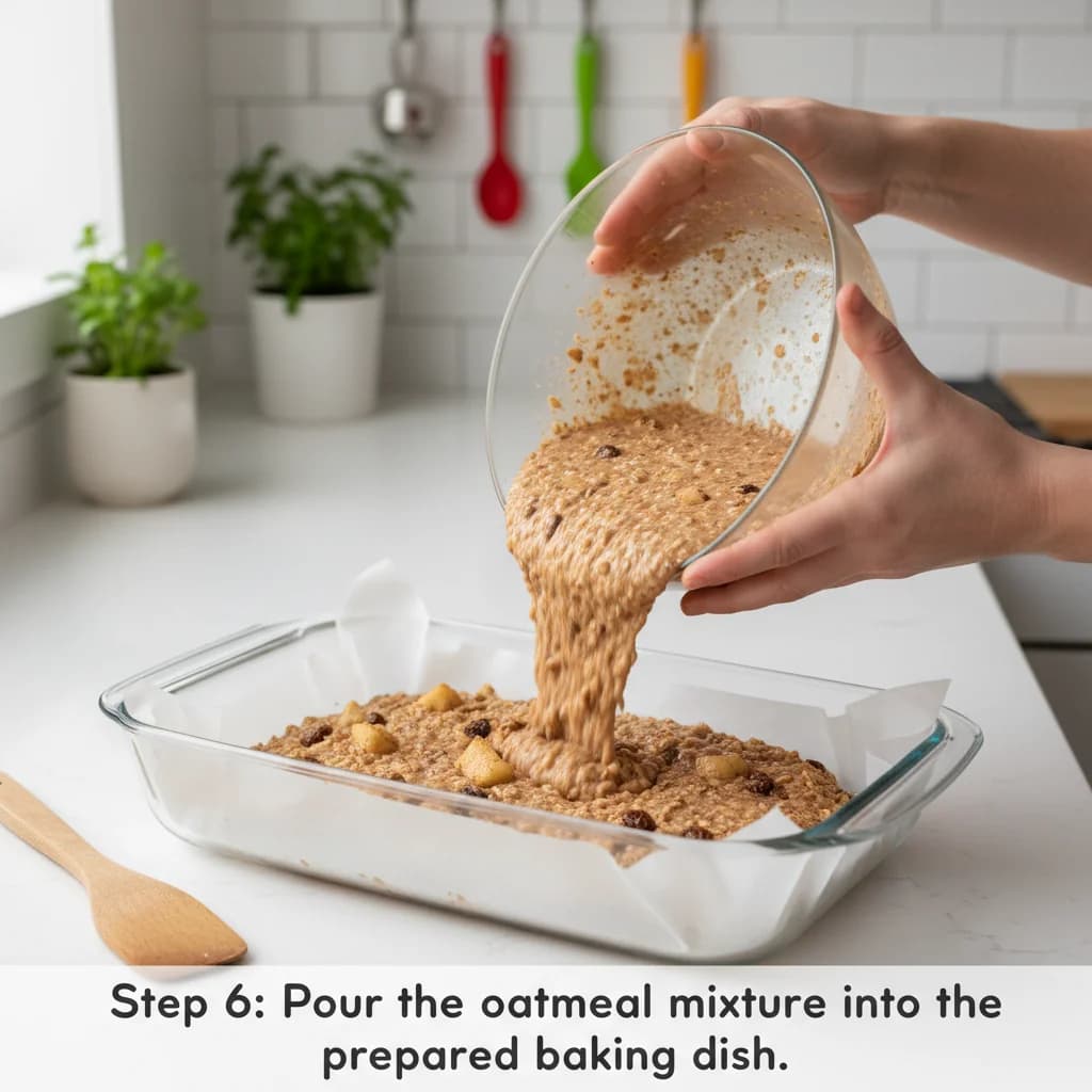 Step 6: Pour the oatmeal mixture into the prepared baking dish. for Apple Oatmeal Finger Snacks