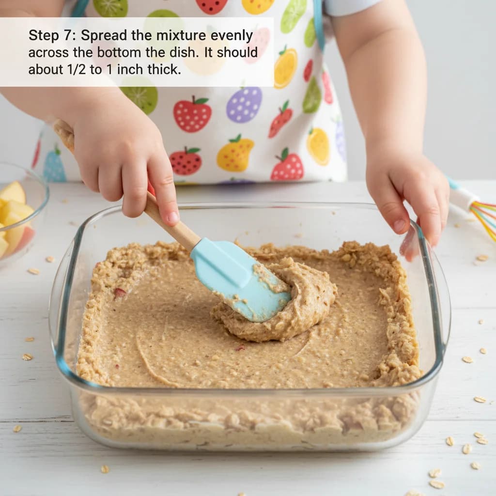 Step 7: Spread the mixture evenly across the bottom of the dish. It should be about 1/2 to 1 inch thick. for Apple Oatmeal Finger Snacks