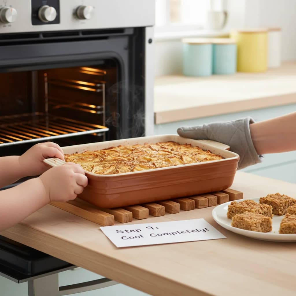 Step 9: Remove the baking dish from the oven and let it cool completely. Cooling helps the oatmeal bars soli for Apple Oatmeal Finger Snacks