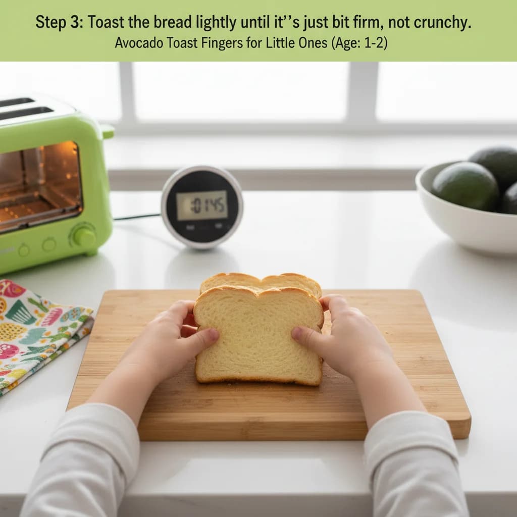 Step 3: Toast the bread lightly until it's just a bit firm, not crunchy. (About 1-2 minutes on a low setting for Avocado Toast Fingers for Little Ones