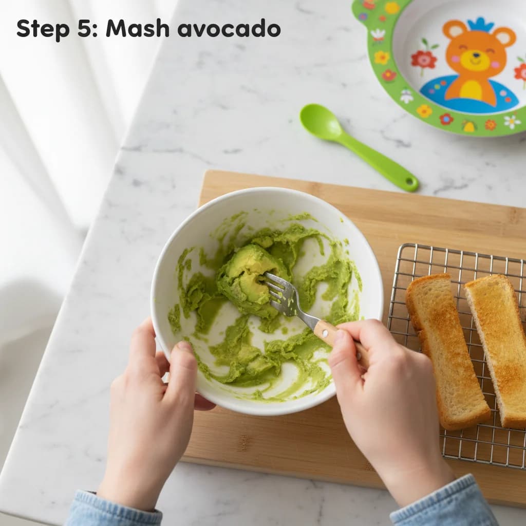 Step 5: While the toast is cooling, mash the avocado in a small bowl using a fork until smooth and creamy. for Avocado Toast Fingers for Little Ones