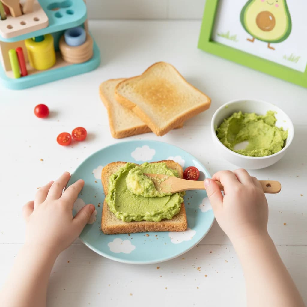 Step 7: Spread the mashed avocado evenly over one side of the cooled toast, ensuring a generous layer. for Avocado Toast Fingers for Little Ones