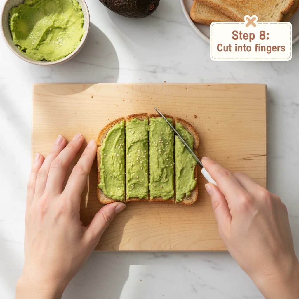 Step 8: Using a clean knife, carefully cut the avocado-covered toast into finger-sized strips. Aim for 4-5 s for Avocado Toast Fingers for Little Ones
