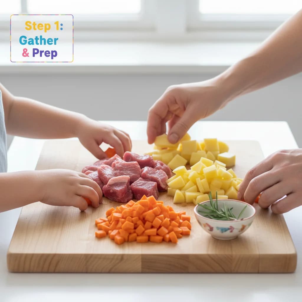 Step 1: Gather all ingredients and have them prepped: lamb cubed, potato diced, carrot diced, rosemary measu for Lamb & Potato Yummy Stew
