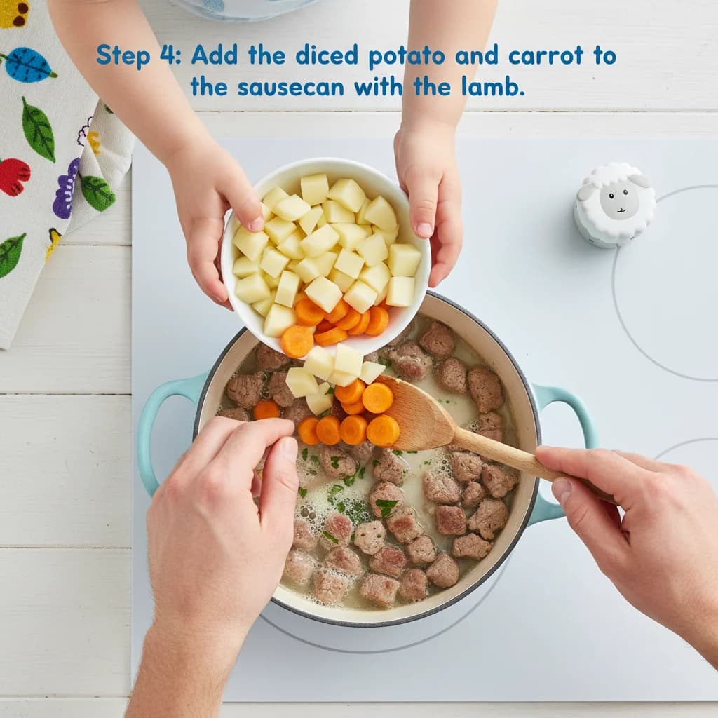 Step 4: Add the diced potato and carrot to the saucepan with the lamb. for Lamb & Potato Yummy Stew