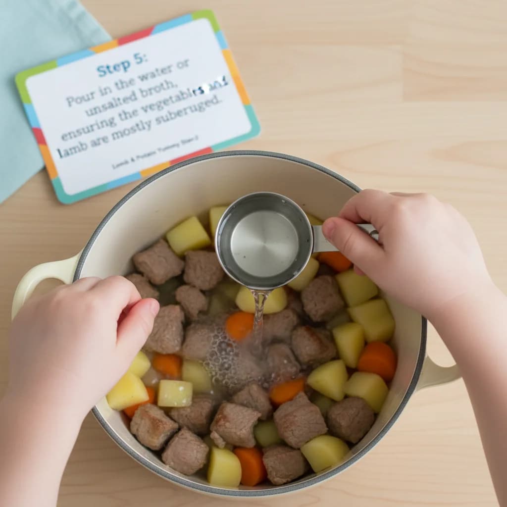 Step 5: Pour in the water or unsalted broth, ensuring the vegetables and lamb are mostly submerged. for Lamb & Potato Yummy Stew