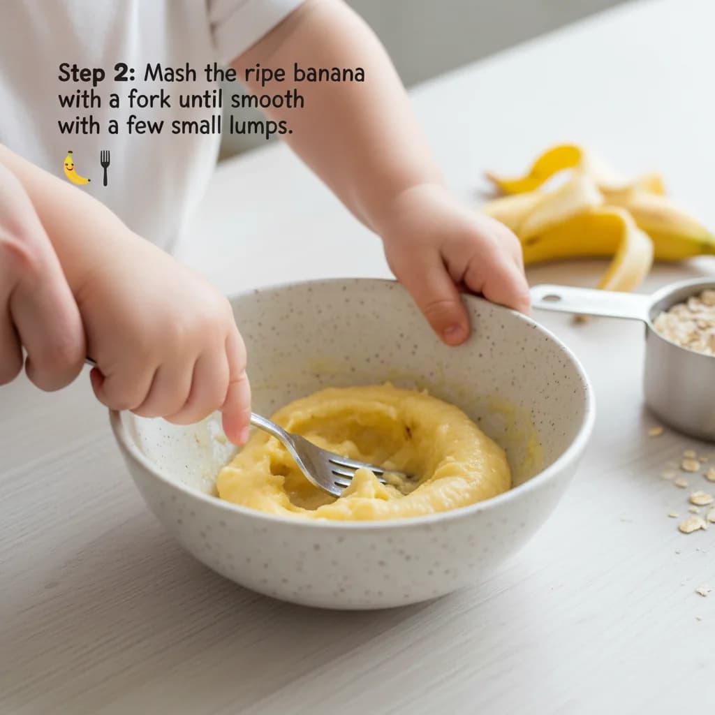Step 2: In a medium-sized bowl, mash the ripe banana with a fork until it's smooth with only a few small lum for Banana Oat Mini Pancakes: Perfect for Little Hands!
