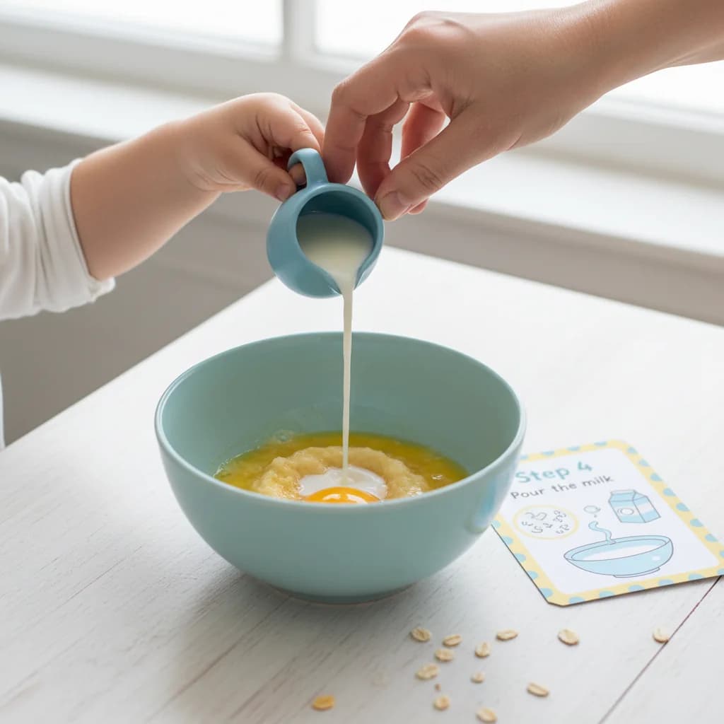 Step 4: Pour the milk into the bowl with the banana and egg. for Banana Oat Mini Pancakes: Perfect for Little Hands!