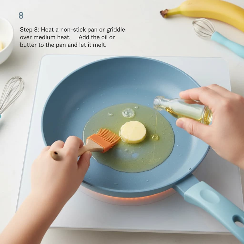 Step 8: Heat a non-stick pan or griddle over medium heat. Add the oil or butter to the pan and let it melt. for Banana Oat Mini Pancakes: Perfect for Little Hands!