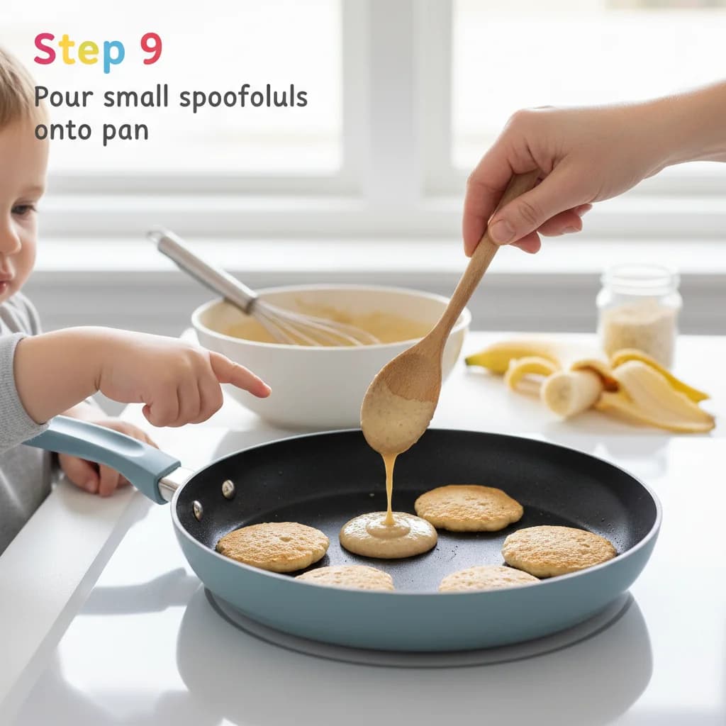 Step 9: Once the pan is hot, pour small spoonfuls (about 1 tablespoon each) of batter onto the pan to form m for Banana Oat Mini Pancakes: Perfect for Little Hands!