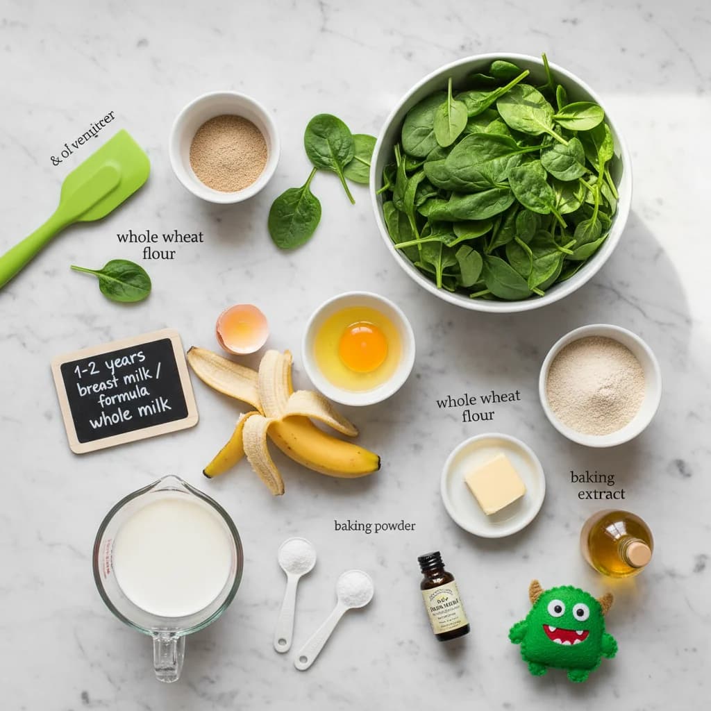 All ingredients needed for Green Monster Pancakes arranged on a clean surface