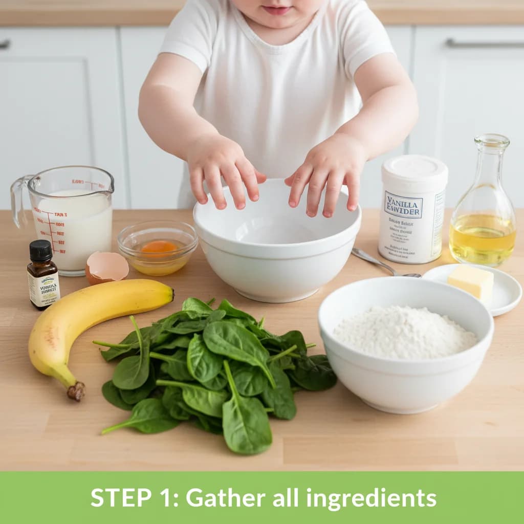 Step 1: Gather all ingredients: banana, egg, milk, spinach, whole wheat flour, baking powder, vanilla extrac for Green Monster Pancakes