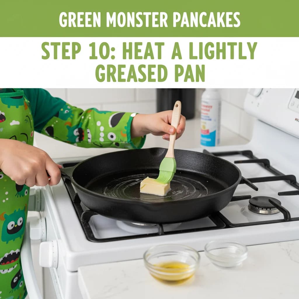 Step 10: Heat a lightly greased pan or griddle over medium heat. Use oil or butter to grease the pan. for Green Monster Pancakes