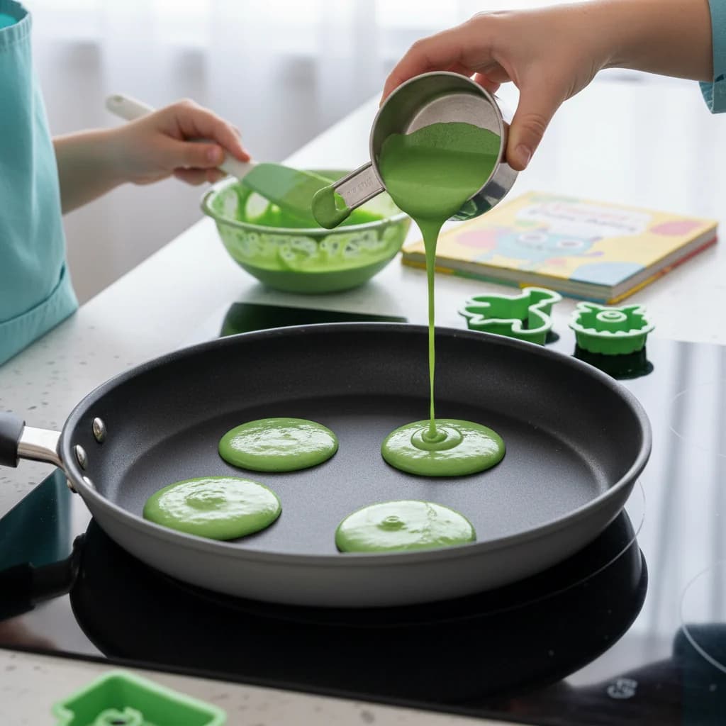 Step 11: Pour small circles of batter (about 2-3 inches wide) onto the hot pan. Use a spoon or small measurin for Green Monster Pancakes