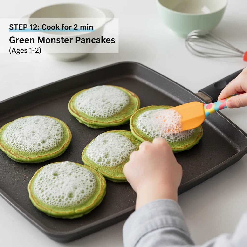 Step 12: Cook the pancakes until bubbles form on the surface and the edges look set (about 2 minutes). for Green Monster Pancakes