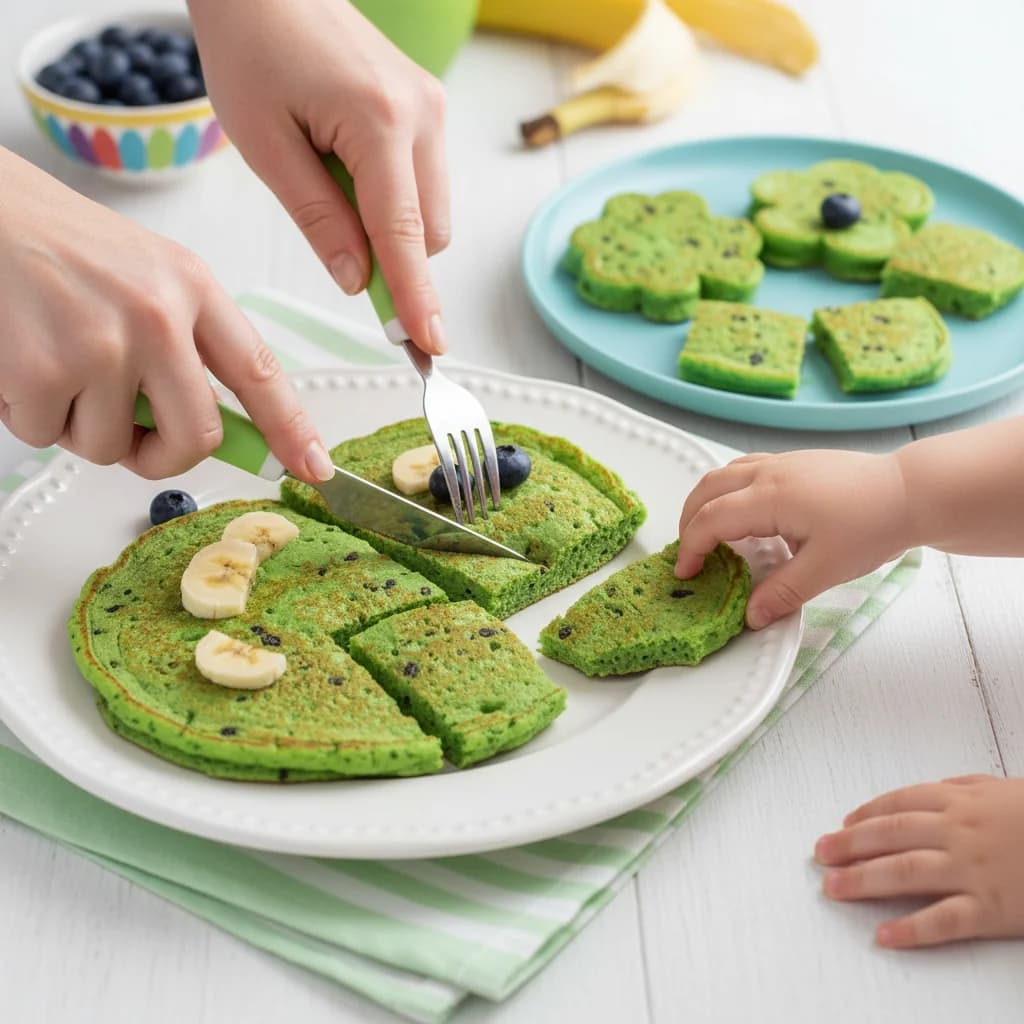Step 15: Cut the pancakes into toddler-hand-sized pieces or smaller, depending on your child's preference and for Green Monster Pancakes