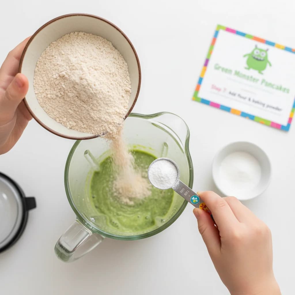 Step 7: Add the whole wheat flour and baking powder to the blender. for Green Monster Pancakes