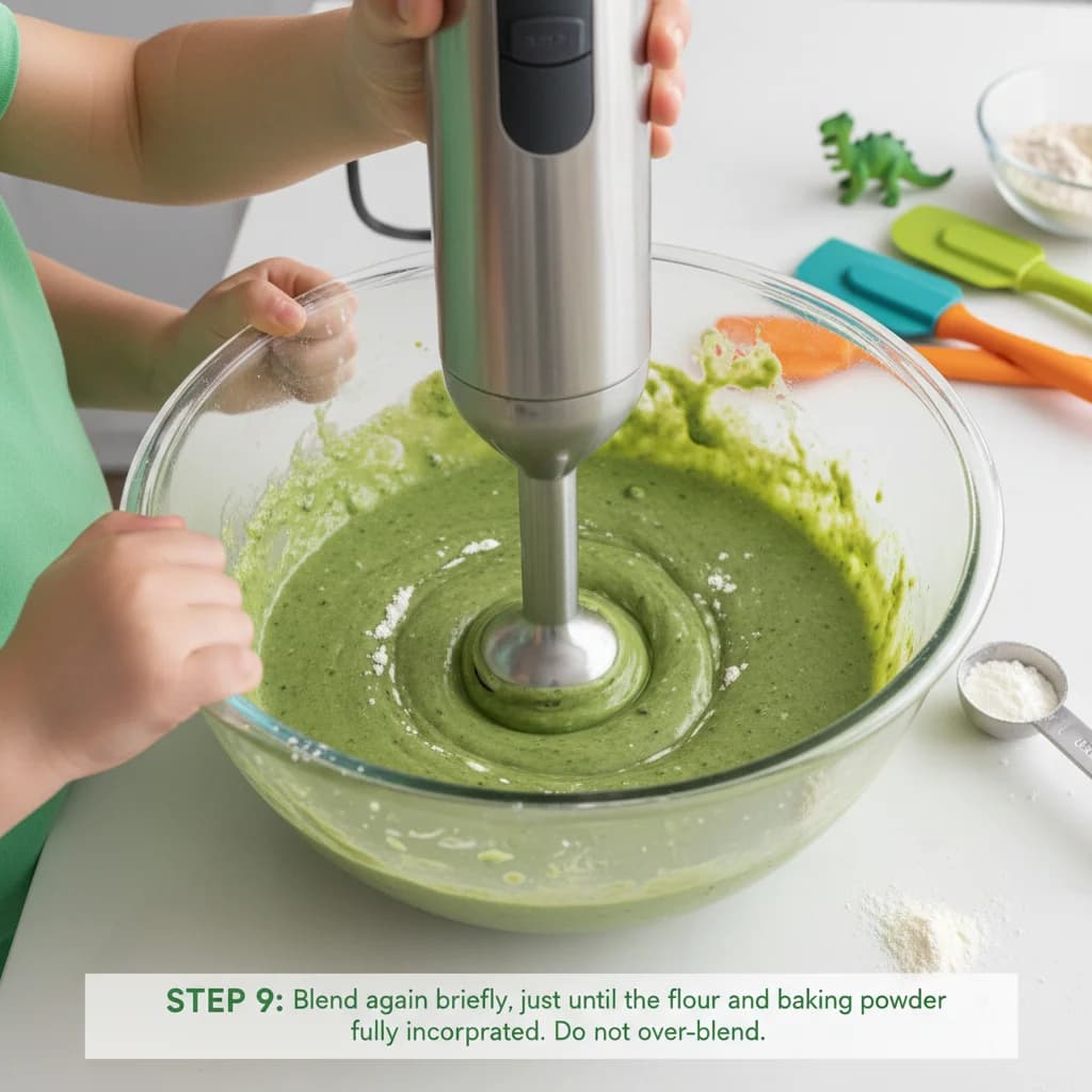 Step 9: Blend again briefly, just until the flour and baking powder are fully incorporated. Do not over-blen for Green Monster Pancakes