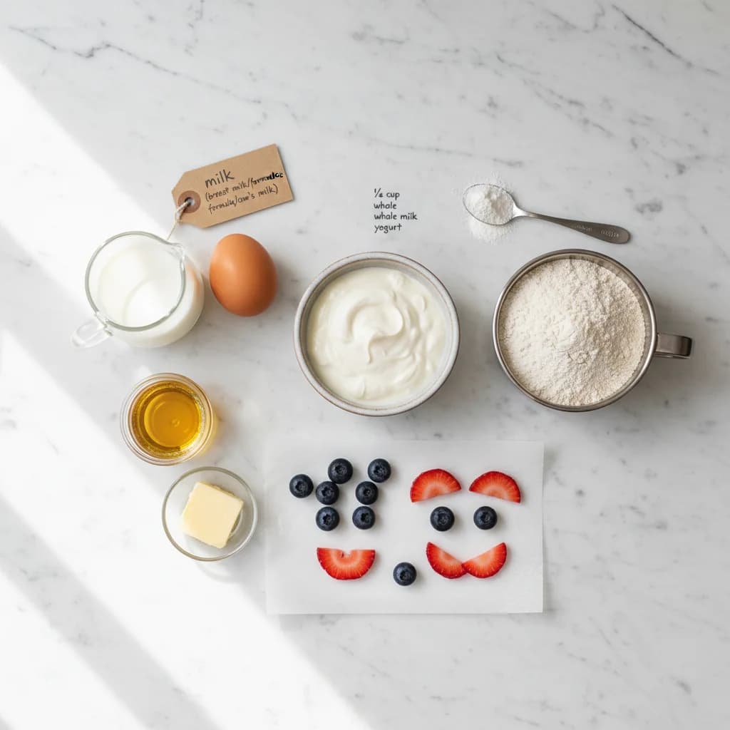All ingredients needed for Yummy Yogurt Pancakes with Berry Smiles arranged on a clean surface