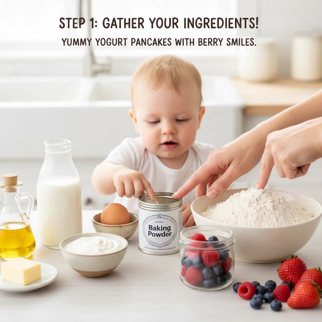 Step 1: Gather all your ingredients: yogurt, milk, egg, whole wheat flour, baking powder, berries, and oil o for Yummy Yogurt Pancakes with Berry Smiles