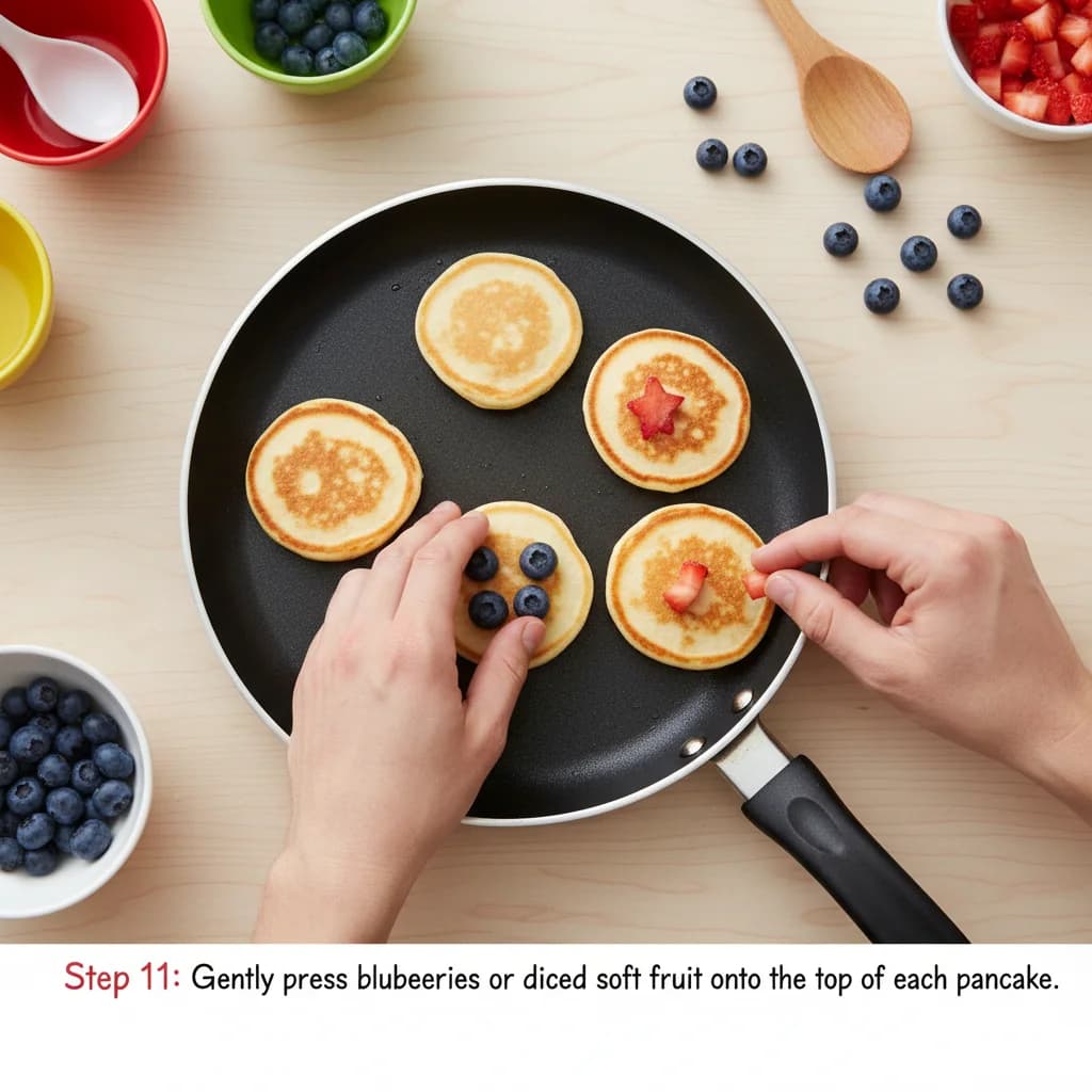 Step 11: If desired, gently press a few blueberries or diced soft fruit onto the top of each pancake before f for Yummy Yogurt Pancakes with Berry Smiles