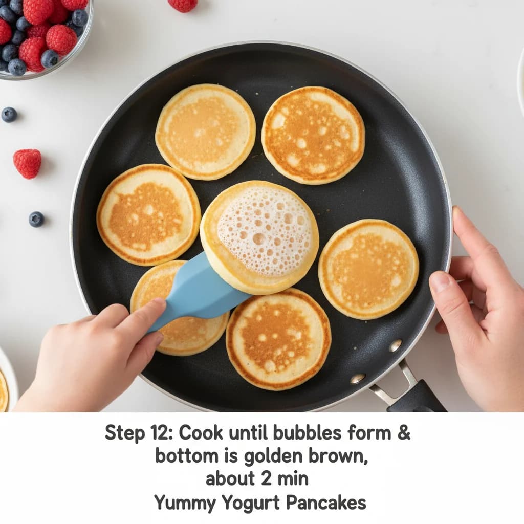 Step 12: Cook the pancakes until bubbles start to form on the surface and the bottom is golden brown, about 2 for Yummy Yogurt Pancakes with Berry Smiles