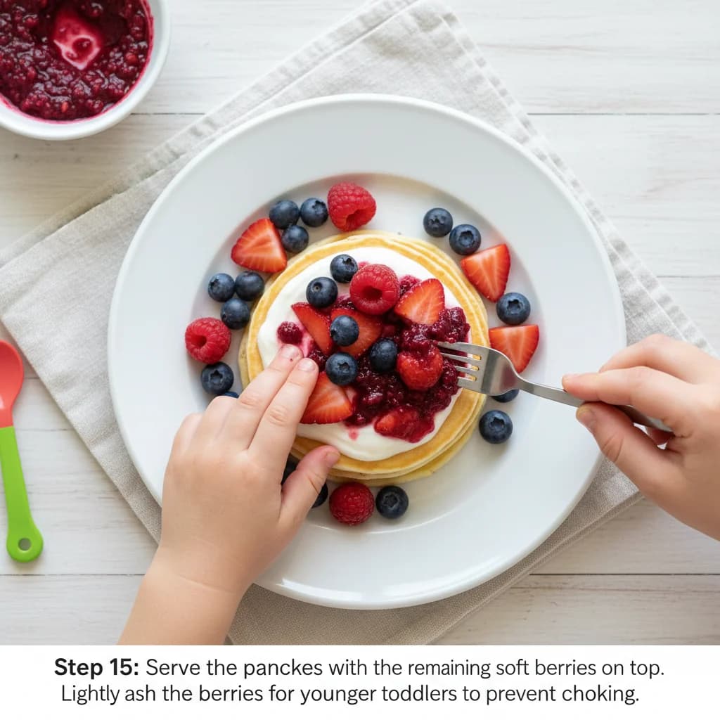 Step 15: Serve the pancakes with the remaining soft berries on top. Lightly mash the berries for younger todd for Yummy Yogurt Pancakes with Berry Smiles