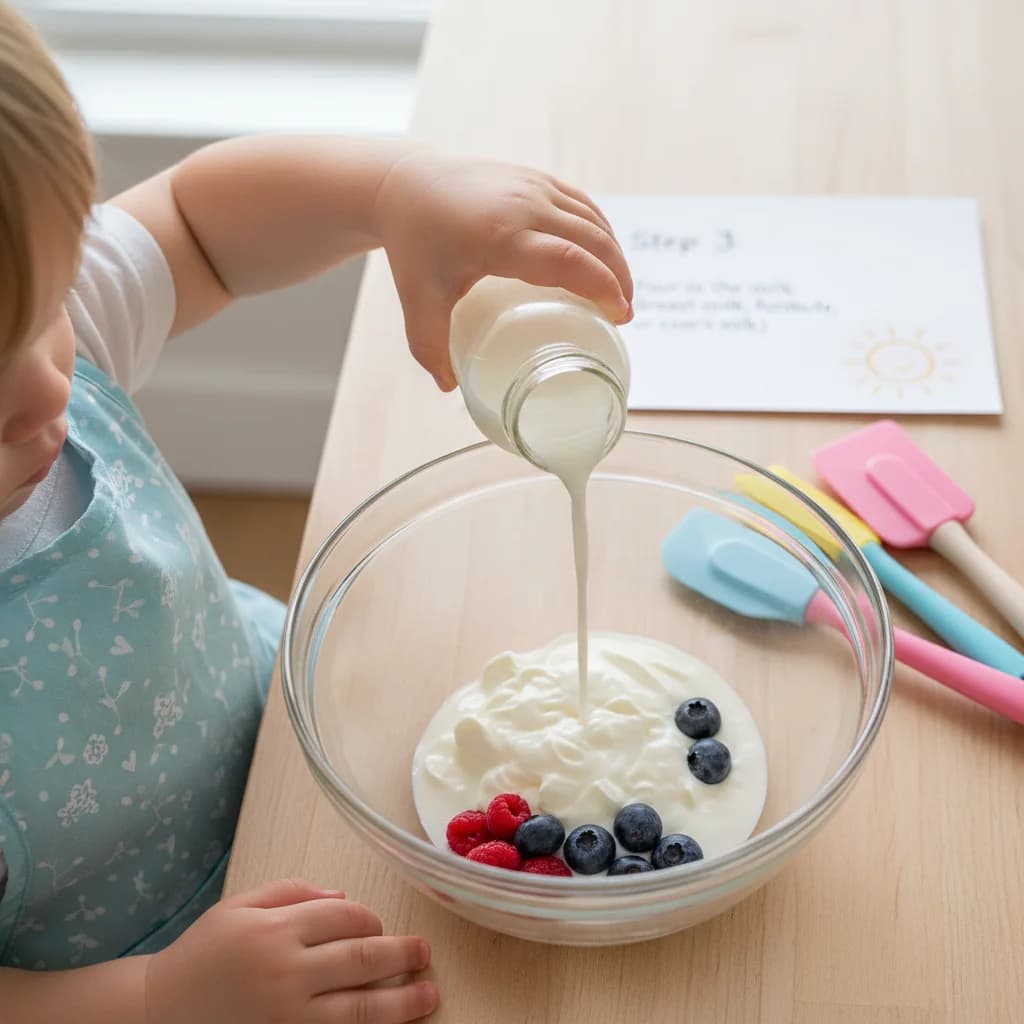 Step 3: Pour in the milk (breast milk, formula, or cow’s milk) to the bowl with the yogurt. for Yummy Yogurt Pancakes with Berry Smiles