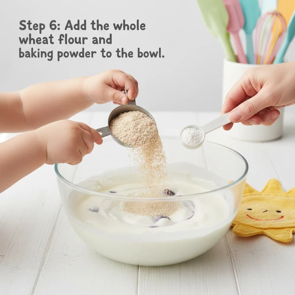 Step 6: Add the whole wheat flour and baking powder to the bowl. for Yummy Yogurt Pancakes with Berry Smiles